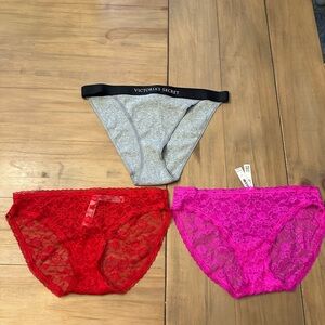 Victoria's Secret Lace Panties Trio - Gray, Red, Pink